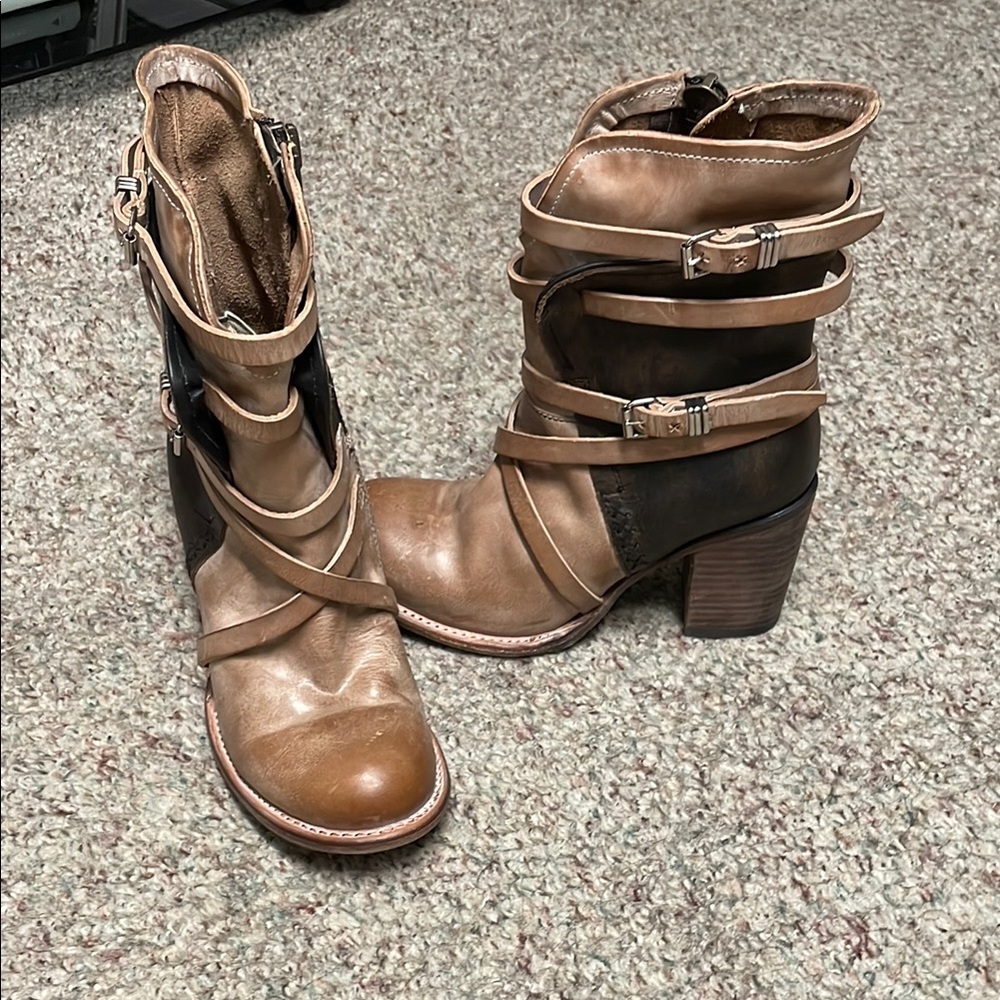 Freebird baker Brown Leather straps Ankle Boots with zip side- new